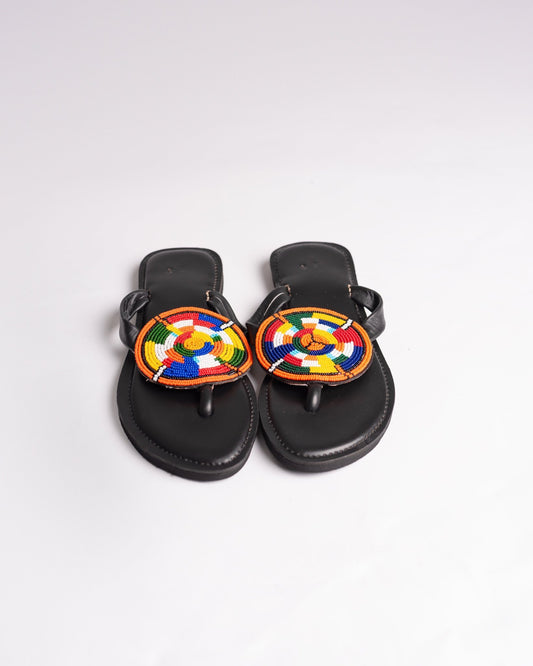 Hand-beaded Kenyan leather comfy slippers with Maasai beadwork, Ref 3092 — handcrafted in Kenya