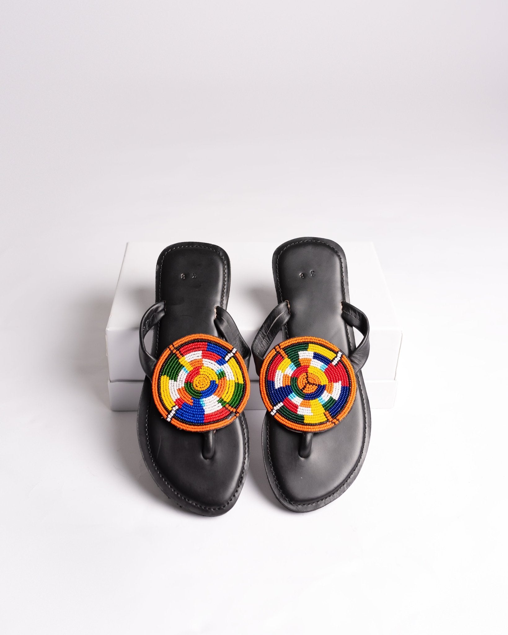 Hand-beaded Kenyan leather comfy slippers with Maasai beadwork, Ref 3092 — handcrafted in Kenya