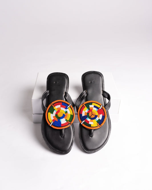 Hand-beaded Kenyan leather comfy slippers with Maasai beadwork, Ref 3092 — handcrafted in Kenya