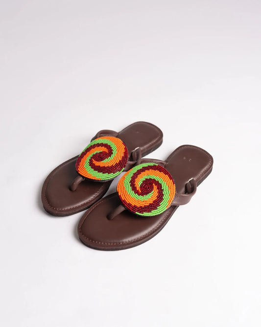 Hand-beaded Kenyan leather comfy slippers with Maasai beadwork, Ref 3150 — handcrafted in Kenya