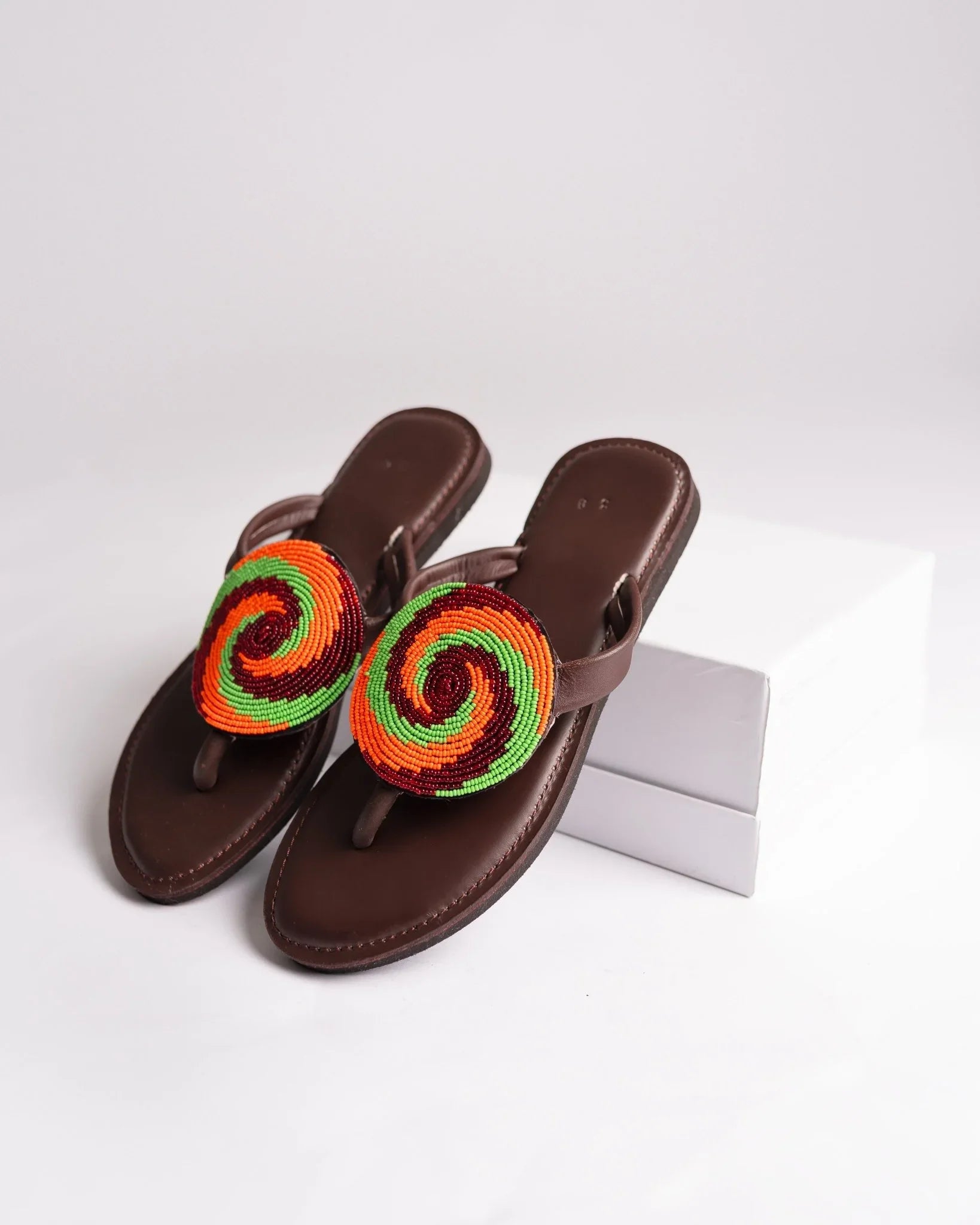 Hand-beaded Kenyan leather comfy slippers with Maasai beadwork, Ref 3150 — handcrafted in Kenya