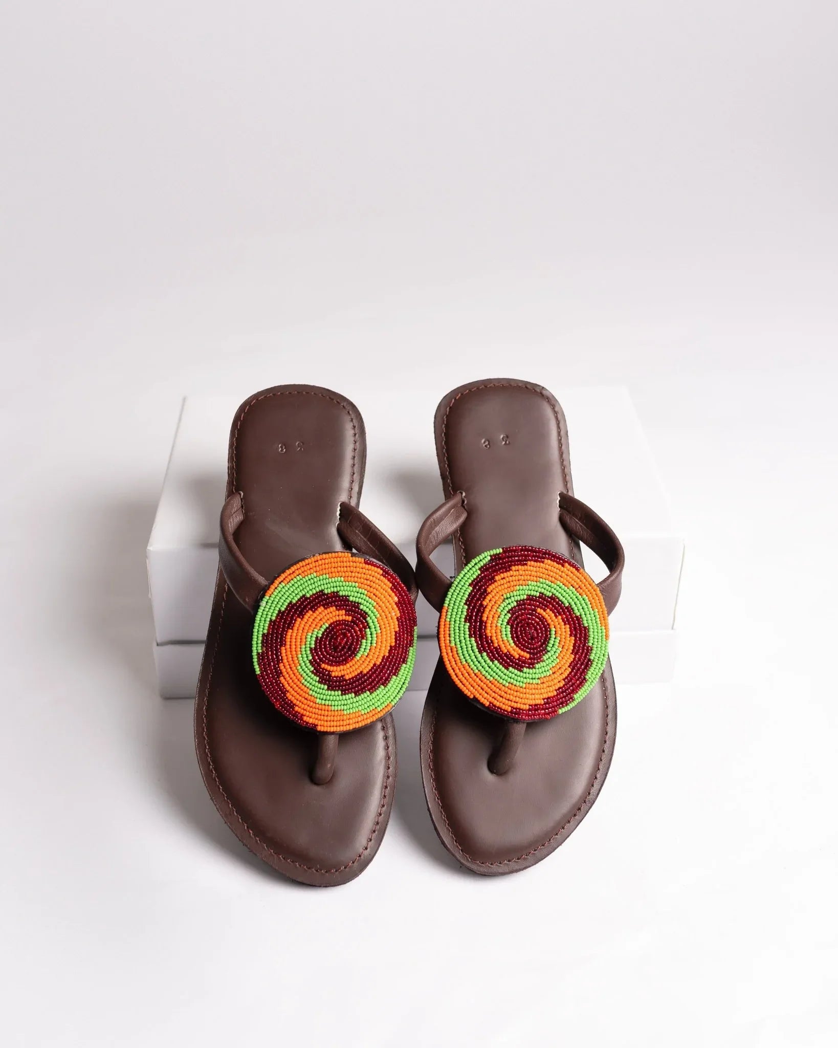 Hand-beaded Kenyan leather comfy slippers with Maasai beadwork, Ref 3150 — handcrafted in Kenya