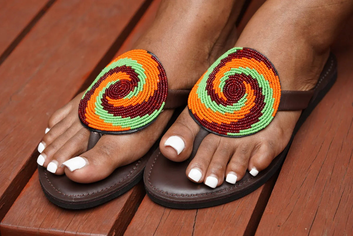 Hand-beaded Kenyan leather comfy slippers with Maasai beadwork, Ref 3150 — handcrafted in Kenya