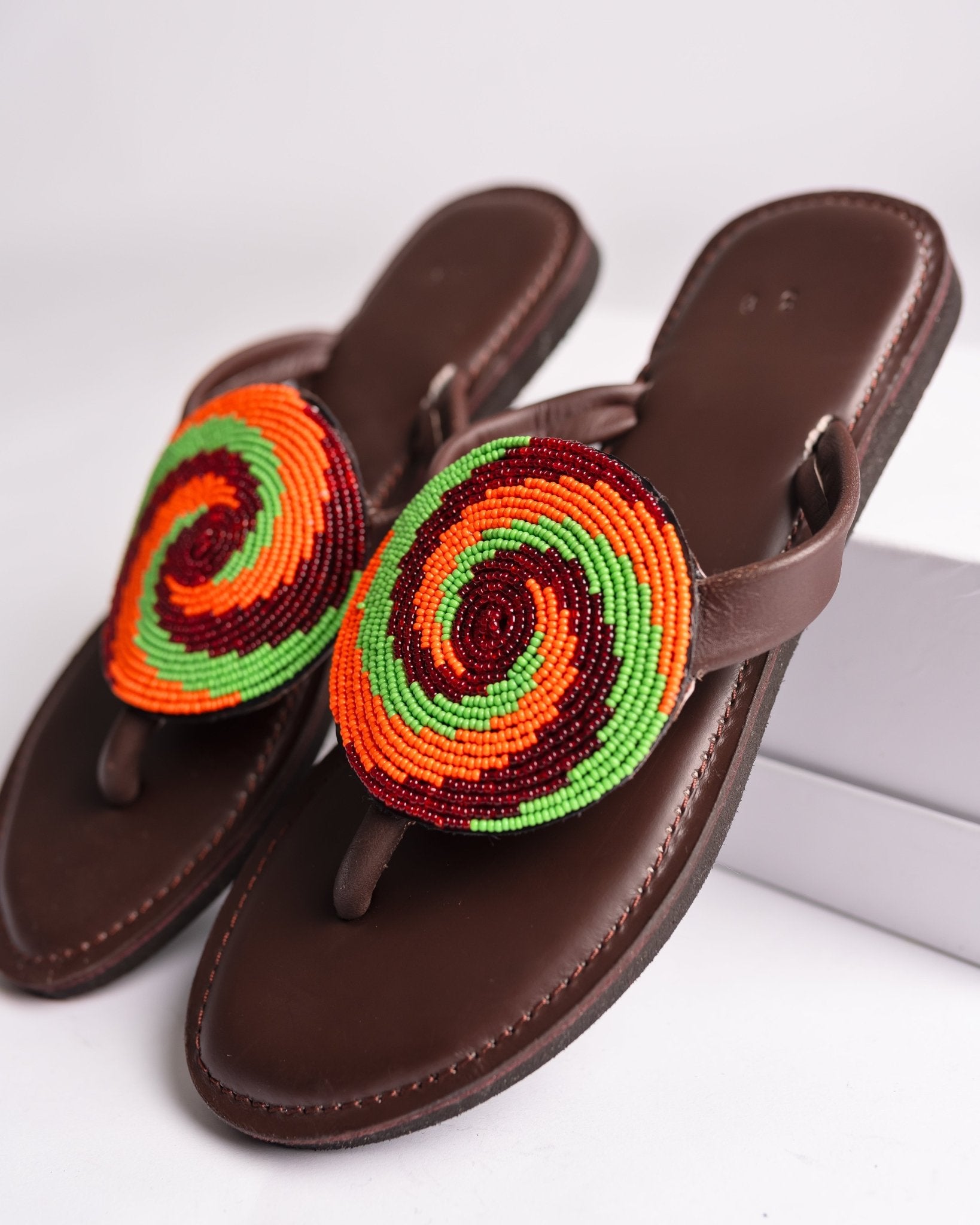Hand-beaded Kenyan leather comfy slippers with Maasai beadwork, Ref 3150 — handcrafted in Kenya