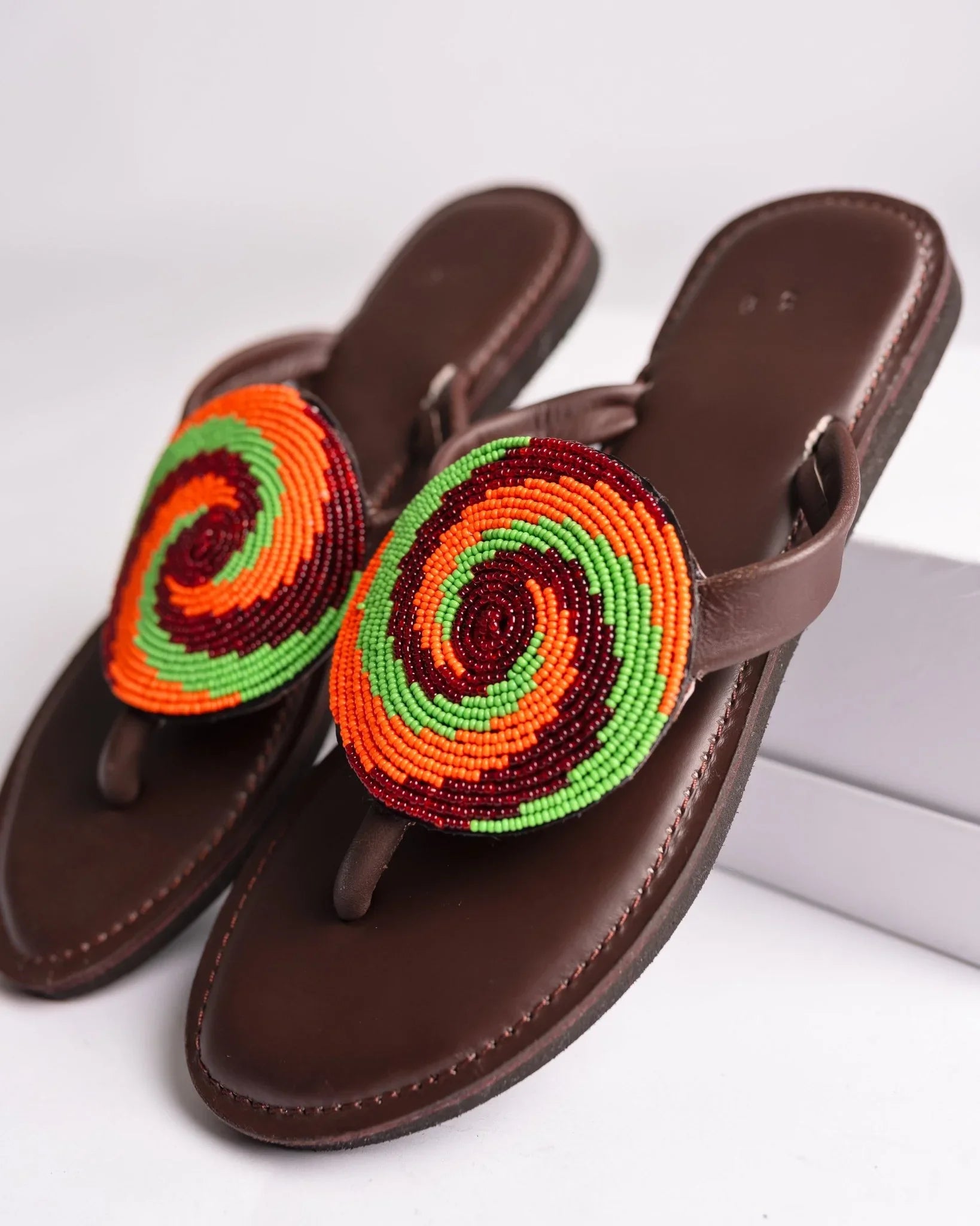 Hand-beaded Kenyan leather comfy slippers with Maasai beadwork, Ref 3150 — handcrafted in Kenya