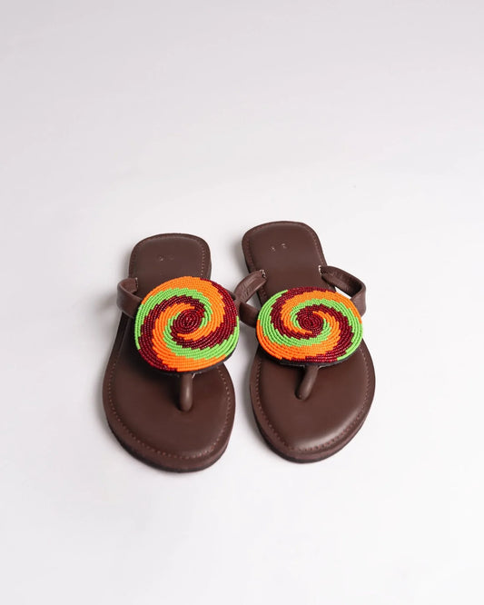 Hand-beaded Kenyan leather comfy slippers with Maasai beadwork, Ref 3150 — handcrafted in Kenya
