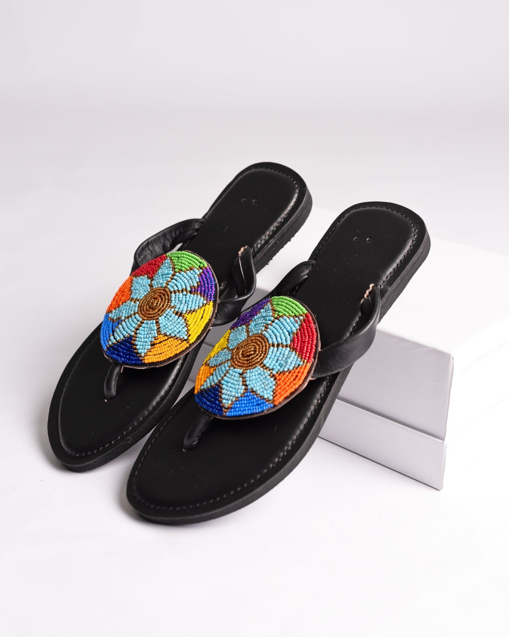 Hand-beaded Kenyan leather comfy slippers with Maasai beadwork, Ref 3165 — handcrafted in Kenya