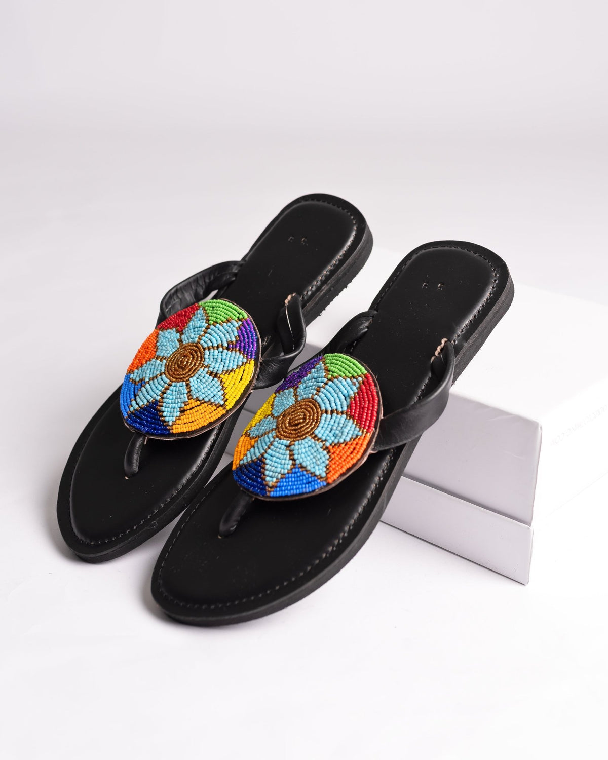 Hand-beaded Kenyan leather comfy slippers with Maasai beadwork, Ref 3165 — handcrafted in Kenya