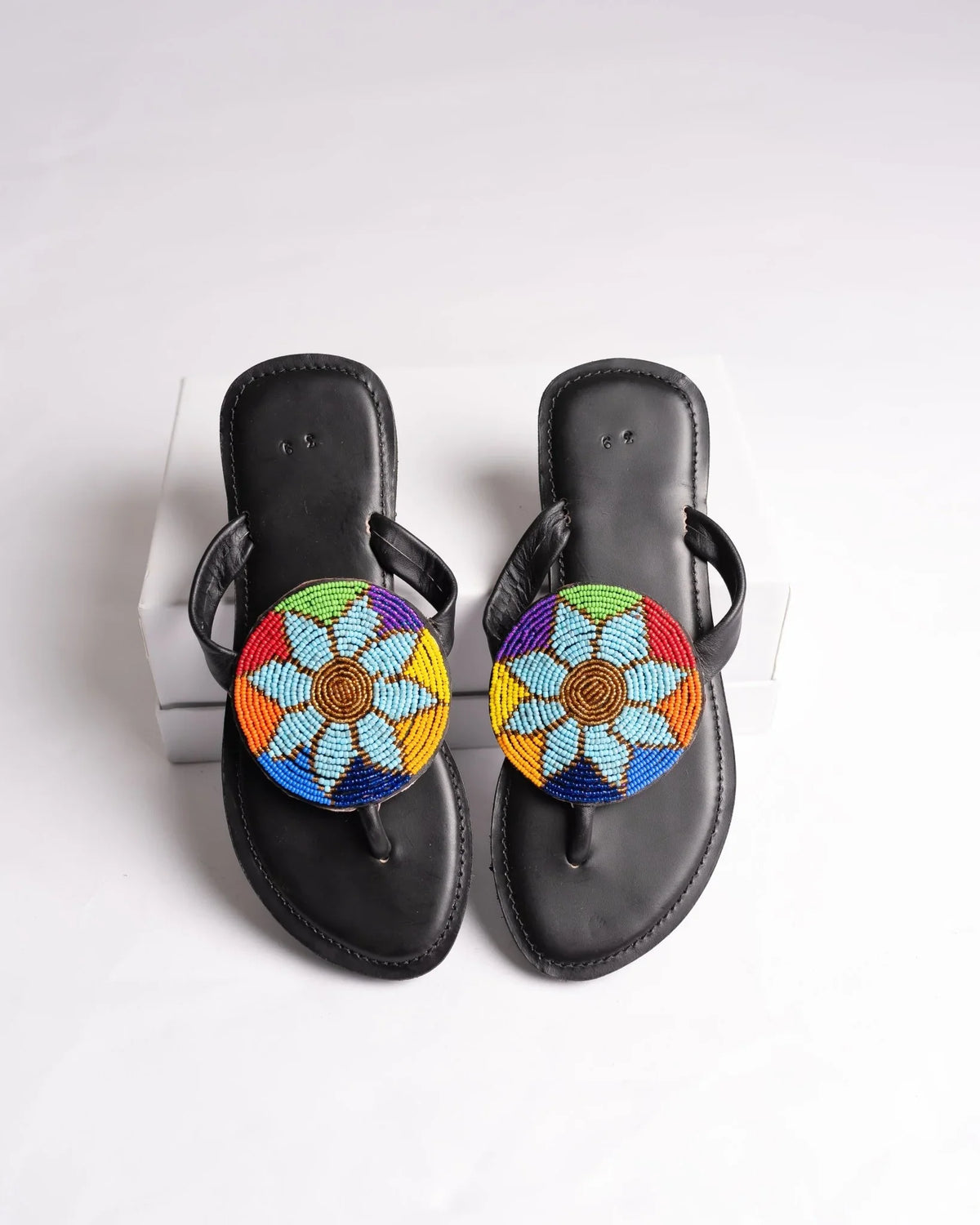 Hand-beaded Kenyan leather comfy slippers with Maasai beadwork, Ref 3165 — handcrafted in Kenya