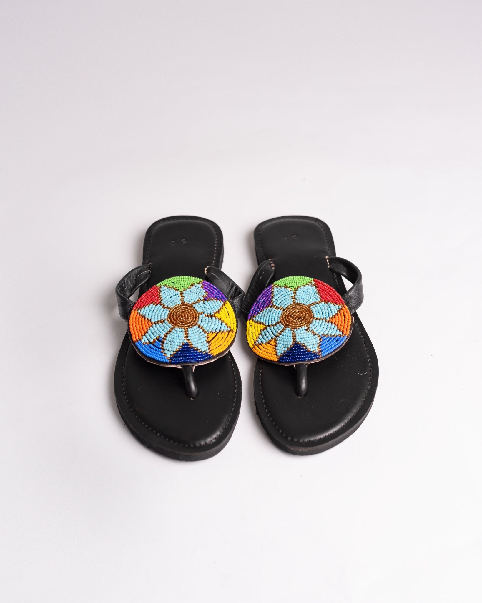 Hand-beaded Kenyan leather comfy slippers with Maasai beadwork, Ref 3165 — handcrafted in Kenya