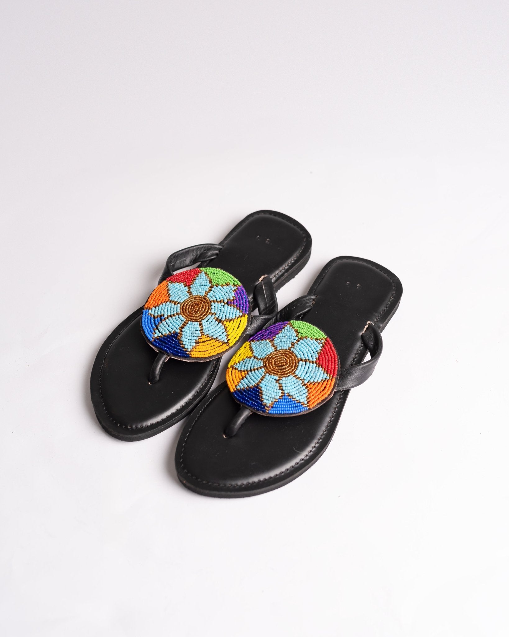 Hand-beaded Kenyan leather comfy slippers with Maasai beadwork, Ref 3165 — handcrafted in Kenya