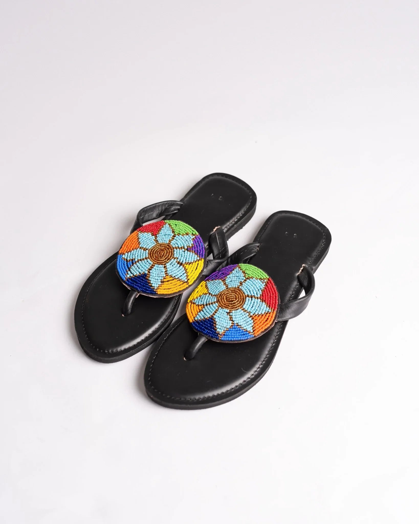 Hand-beaded Kenyan leather comfy slippers with Maasai beadwork, Ref 3165 — handcrafted in Kenya