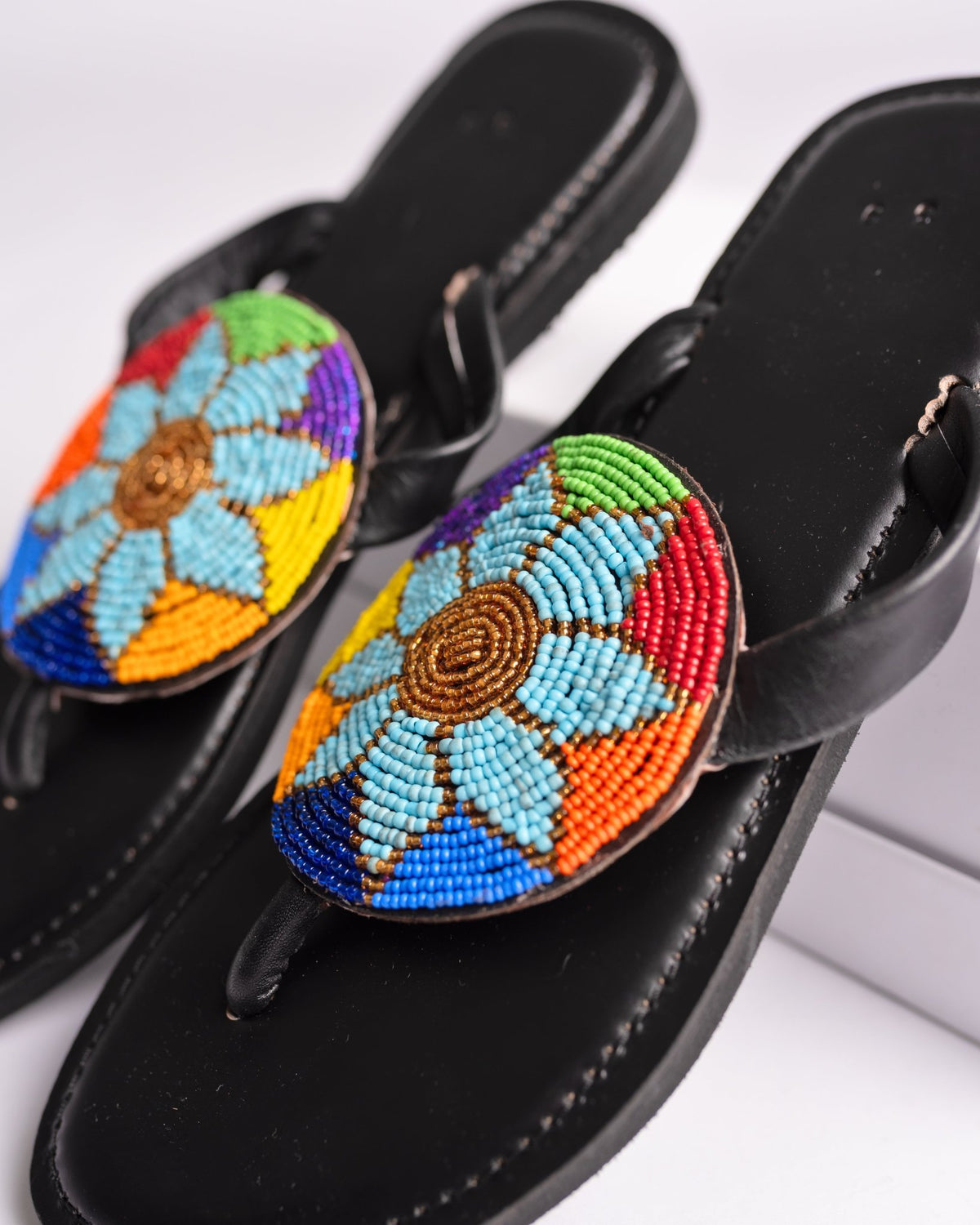 Hand-beaded Kenyan leather comfy slippers with Maasai beadwork, Ref 3165 — handcrafted in Kenya