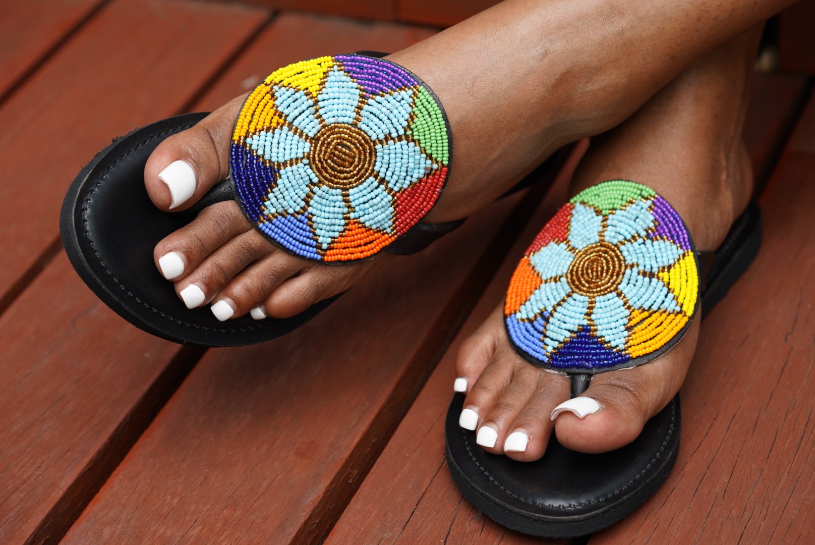 Hand-beaded Kenyan leather comfy slippers with Maasai beadwork, Ref 3165 — handcrafted in Kenya