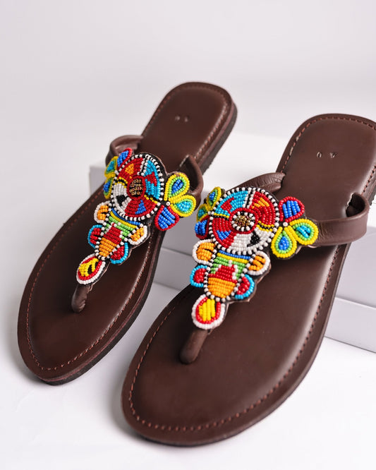 Hand-beaded Kenyan leather comfy slippers with Maasai beadwork, Ref 3196 — handcrafted in Kenya