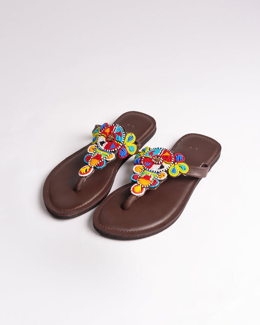 Hand-beaded Kenyan leather comfy slippers with Maasai beadwork, Ref 3196 — handcrafted in Kenya