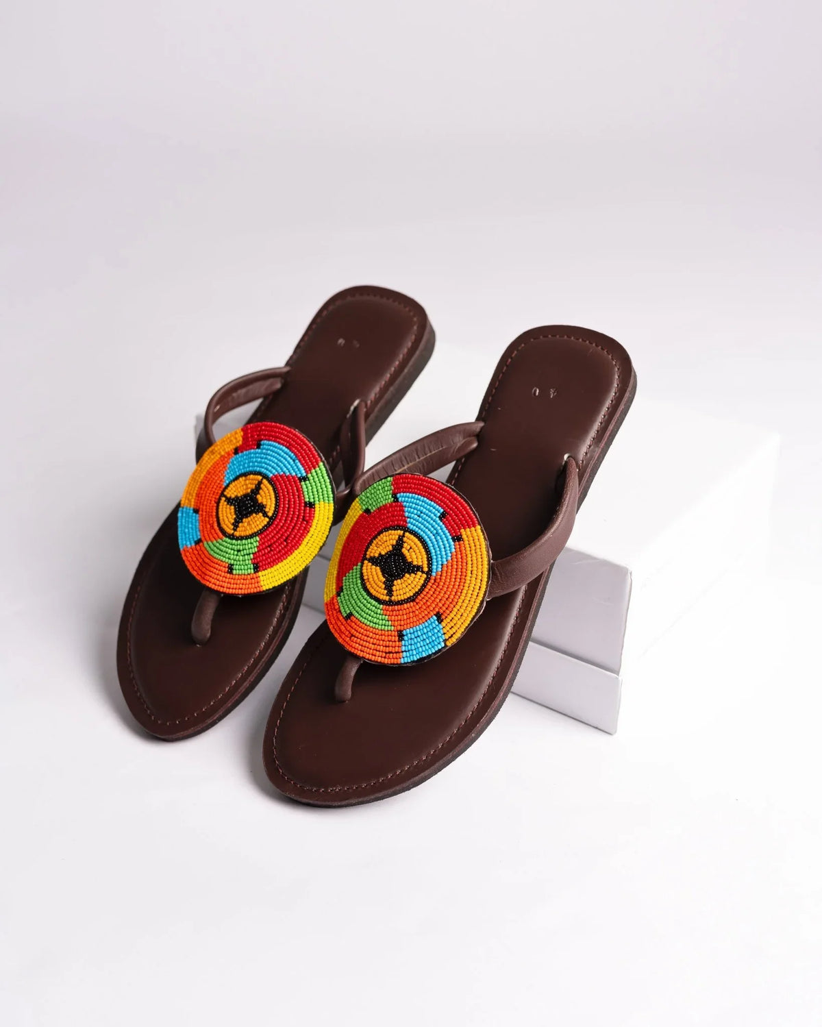 Hand-beaded Kenyan leather comfy slippers with Maasai beadwork, Ref 3233 — handcrafted in Kenya