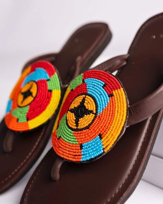 Hand-beaded Kenyan leather comfy slippers with Maasai beadwork, Ref 3233 — handcrafted in Kenya