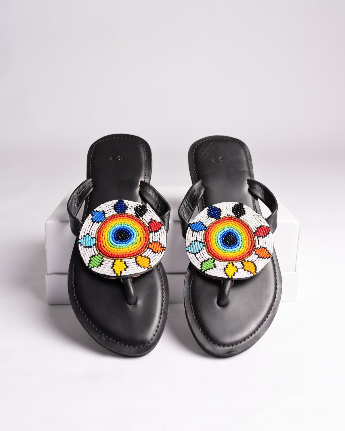 Hand-beaded Kenyan leather comfy slippers with Maasai beadwork, Ref 3273 — handcrafted in Kenya