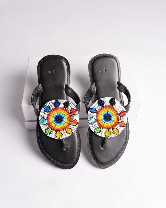 Hand-beaded Kenyan leather comfy slippers with Maasai beadwork, Ref 3273 — handcrafted in Kenya