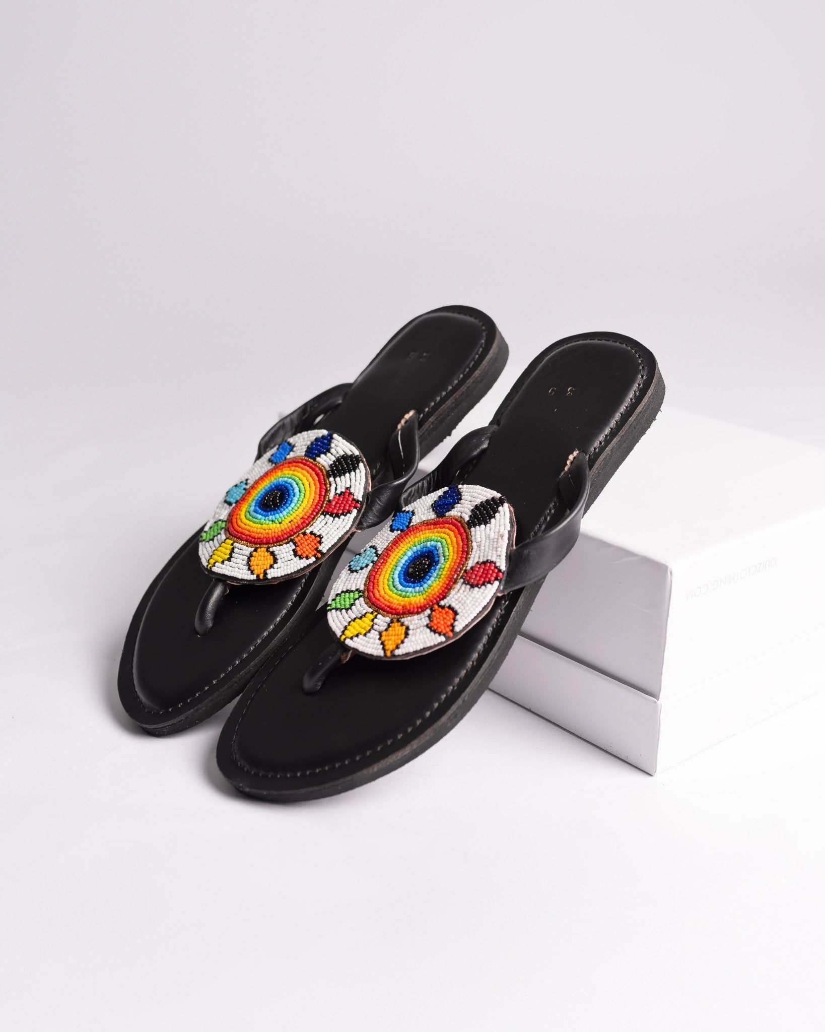 Hand-beaded Kenyan leather comfy slippers with Maasai beadwork, Ref 3273 — handcrafted in Kenya