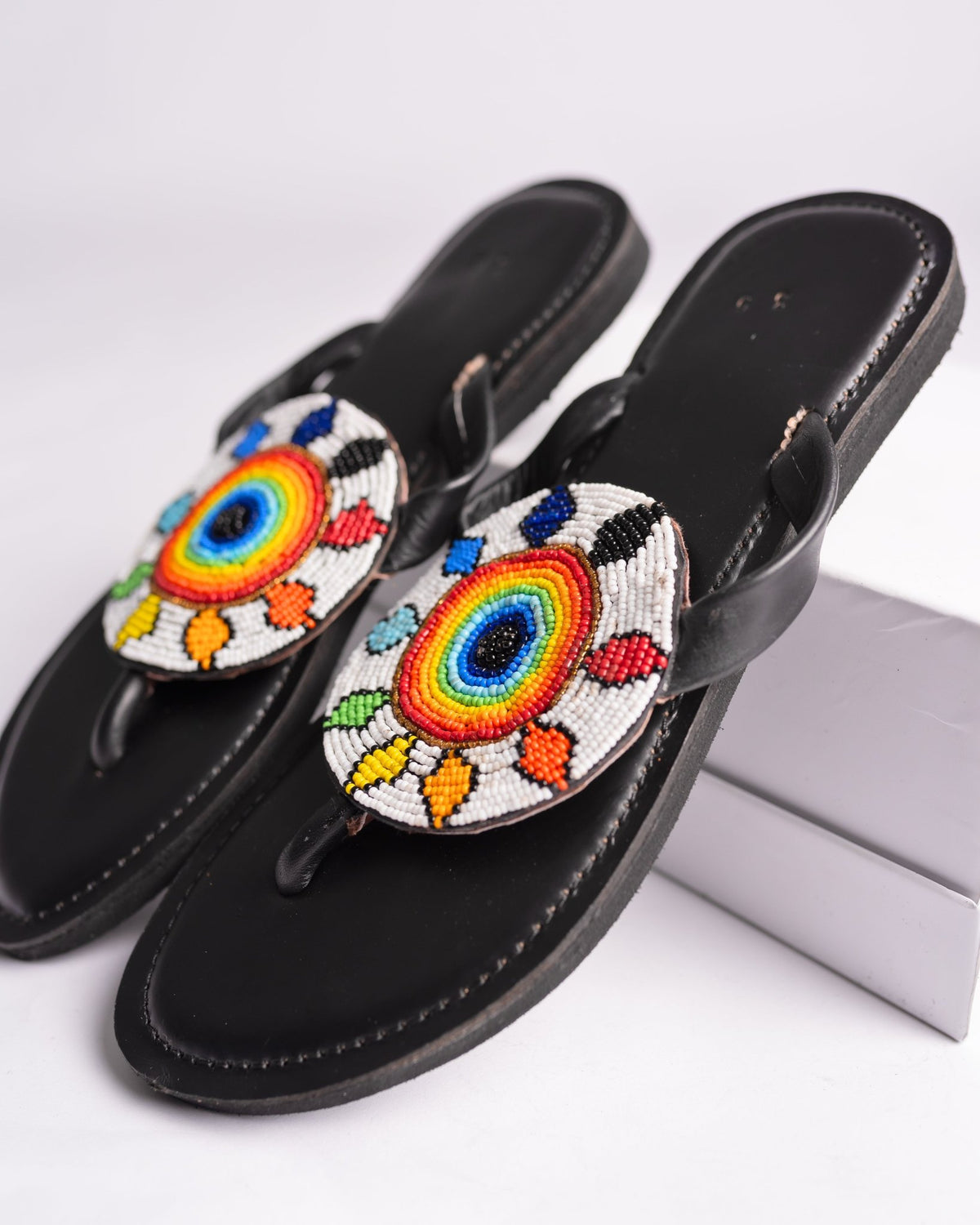 Hand-beaded Kenyan leather comfy slippers with Maasai beadwork, Ref 3273 — handcrafted in Kenya