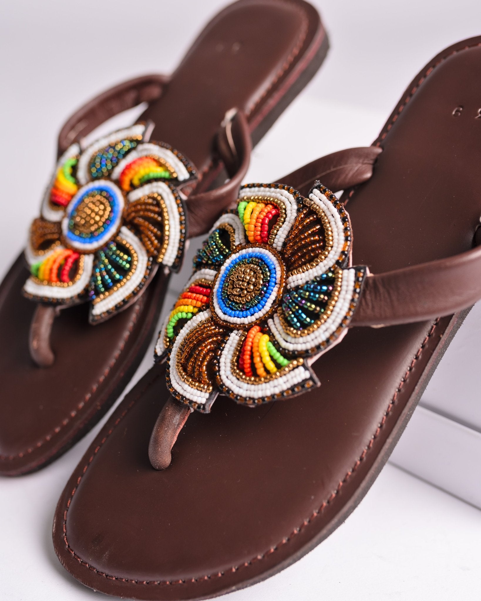Hand-beaded Kenyan leather comfy slippers with Maasai beadwork, Ref 3347 — handcrafted in Kenya