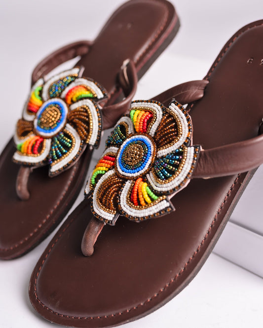 Hand-beaded Kenyan leather comfy slippers with Maasai beadwork, Ref 3347 — handcrafted in Kenya