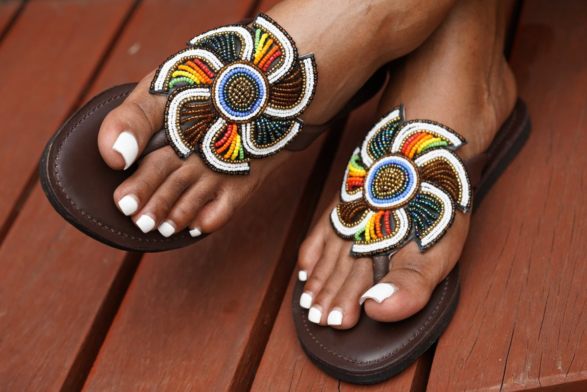 Hand-beaded Kenyan leather comfy slippers with Maasai beadwork, Ref 3347 — handcrafted in Kenya