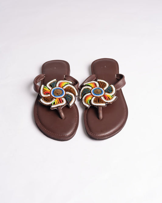 Hand-beaded Kenyan leather comfy slippers with Maasai beadwork, Ref 3347 — handcrafted in Kenya