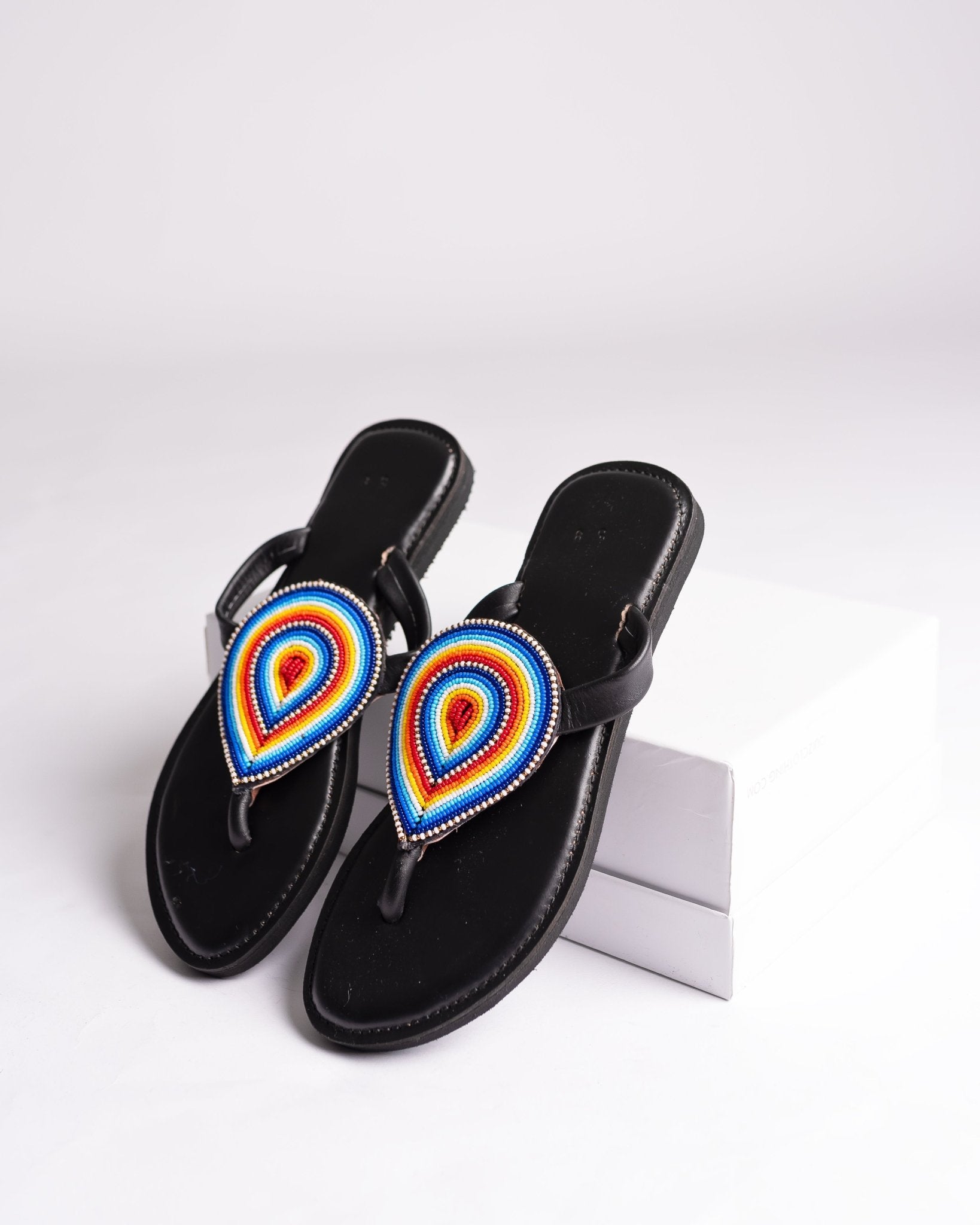 Hand-beaded Kenyan leather comfy slippers with Maasai beadwork, Ref 3422 — handcrafted in Kenya