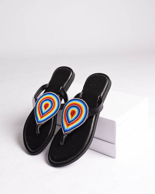 Hand-beaded Kenyan leather comfy slippers with Maasai beadwork, Ref 3422 — handcrafted in Kenya