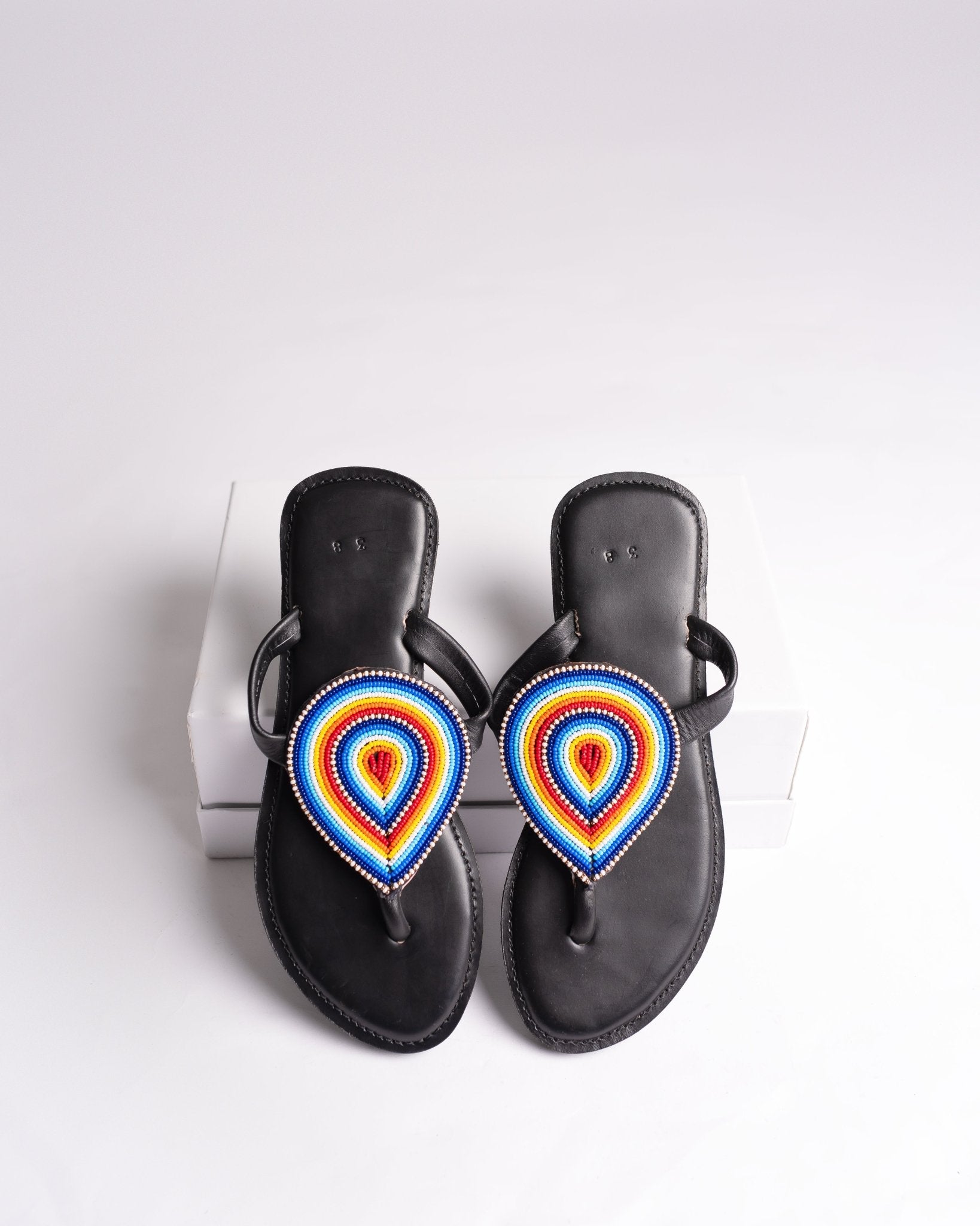 Hand-beaded Kenyan leather comfy slippers with Maasai beadwork, Ref 3422 — handcrafted in Kenya