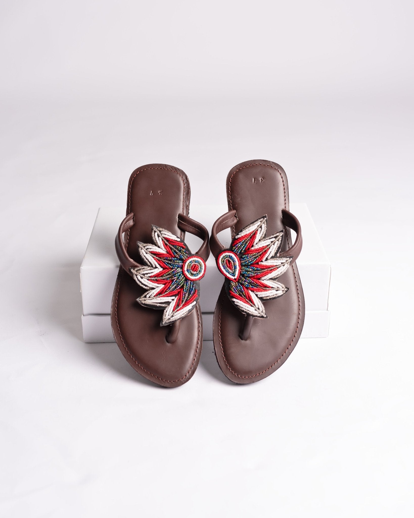 Hand-beaded Kenyan leather comfy slippers with Maasai beadwork, Ref 3435 — handcrafted in Kenya