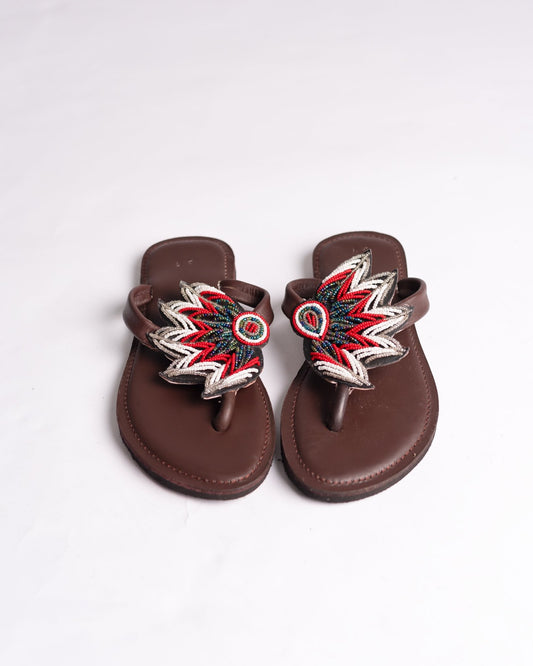 Hand-beaded Kenyan leather comfy slippers with Maasai beadwork, Ref 3435 — handcrafted in Kenya