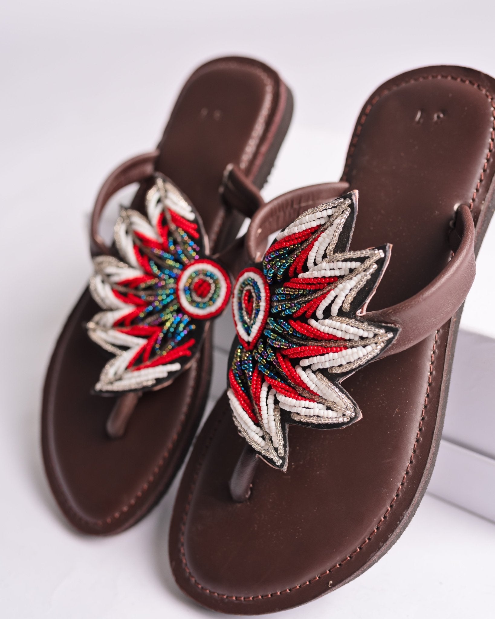 Hand-beaded Kenyan leather comfy slippers with Maasai beadwork, Ref 3435 — handcrafted in Kenya