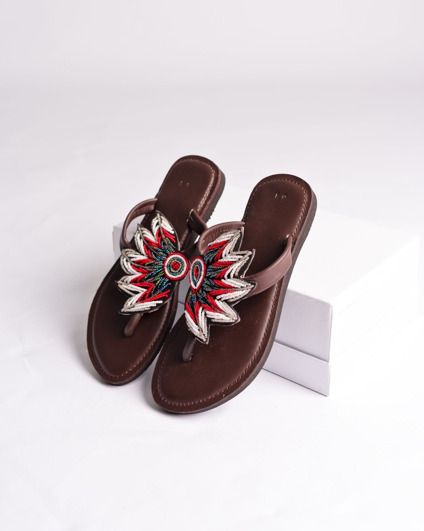 Hand-beaded Kenyan leather comfy slippers with Maasai beadwork, Ref 3435 — handcrafted in Kenya