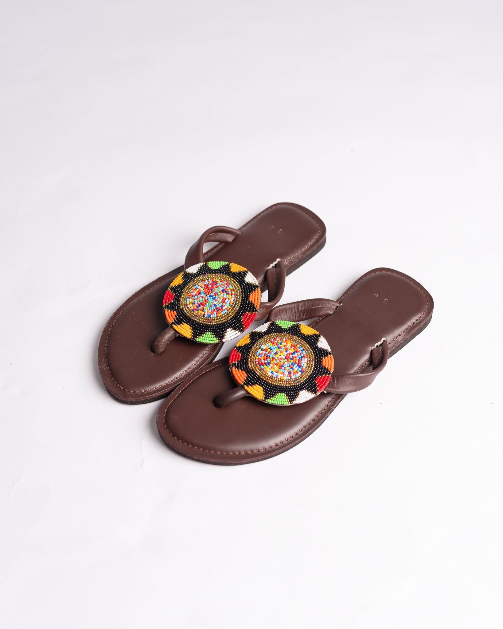 Hand-beaded Kenyan leather comfy slippers with Maasai beadwork, Ref 3444 — handcrafted in Kenya