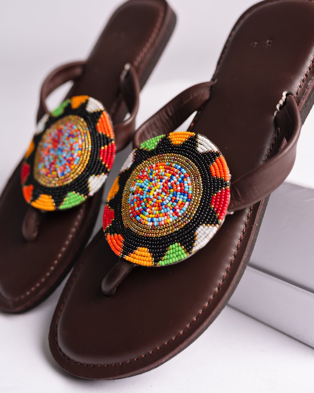 Hand-beaded Kenyan leather comfy slippers with Maasai beadwork, Ref 3444 — handcrafted in Kenya
