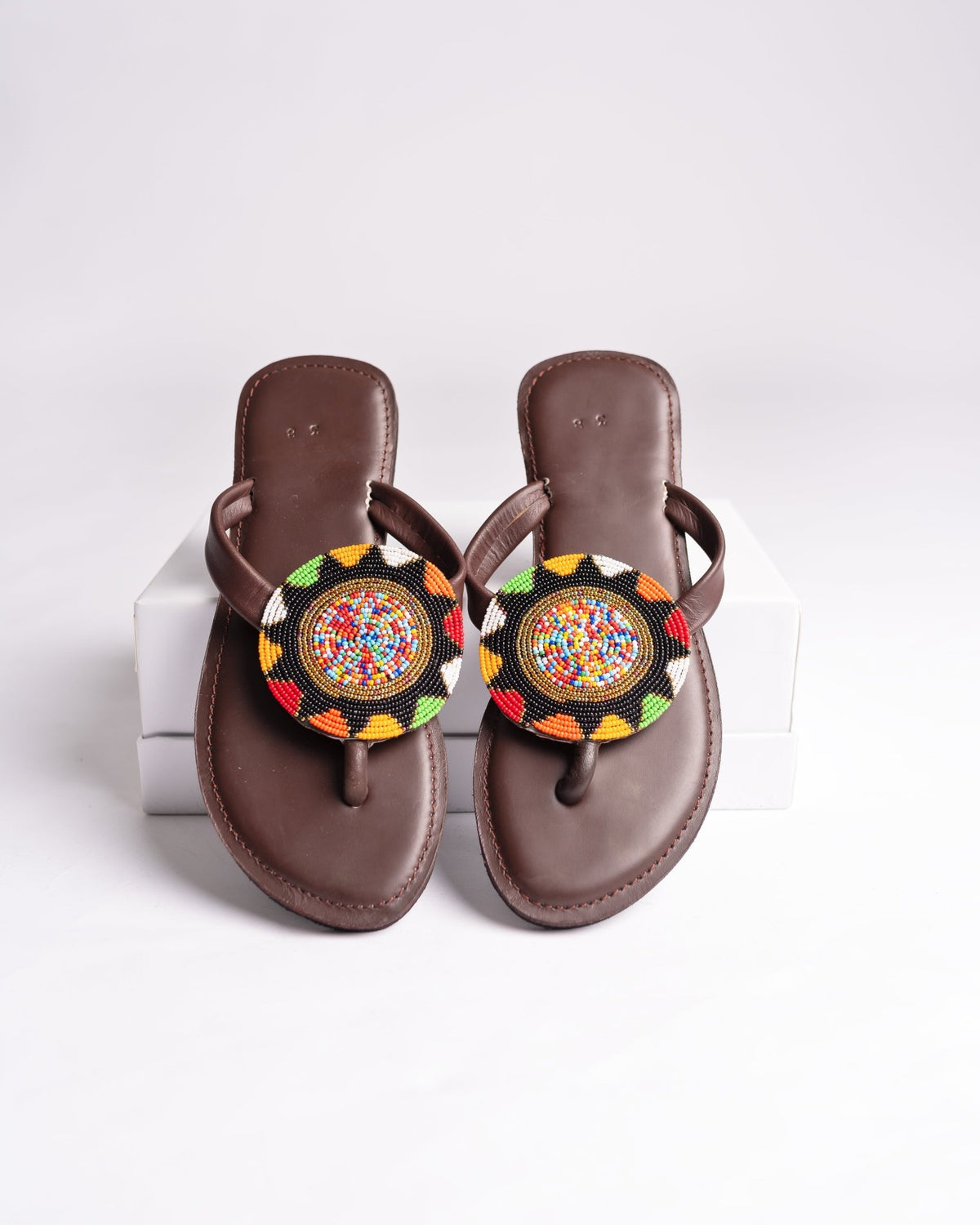 Hand-beaded Kenyan leather comfy slippers with Maasai beadwork, Ref 3444 — handcrafted in Kenya