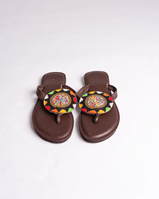 Hand-beaded Kenyan leather comfy slippers with Maasai beadwork, Ref 3444 — handcrafted in Kenya