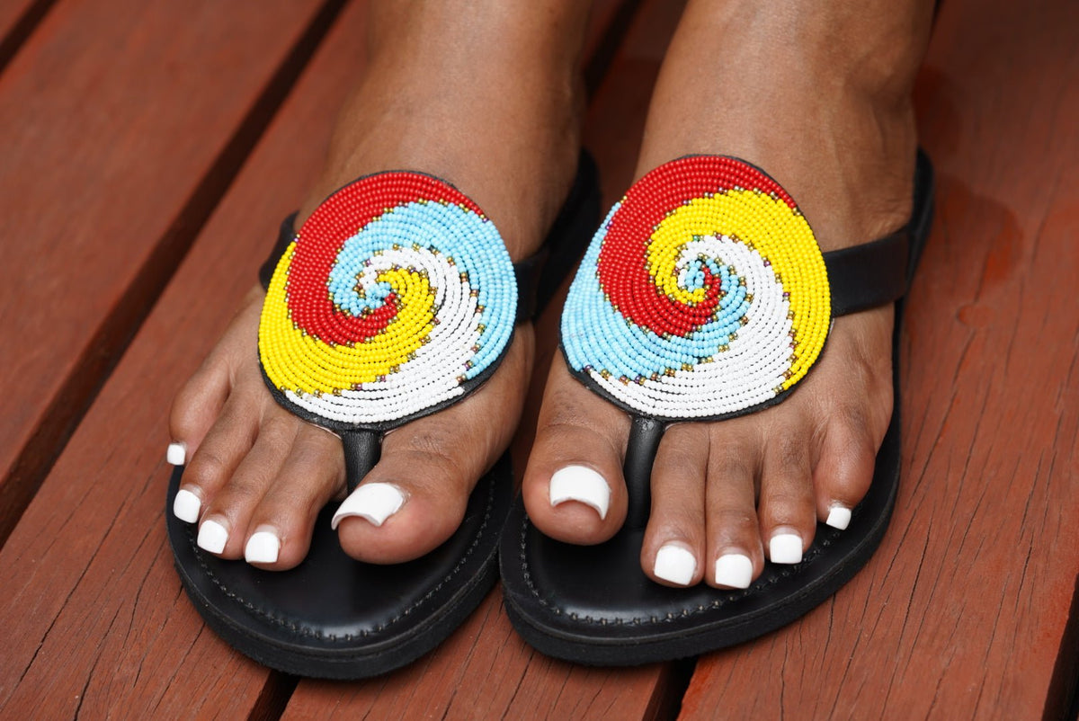 Hand-beaded Kenyan leather comfy slippers with Maasai beadwork, Ref 3061 — handcrafted in Kenya