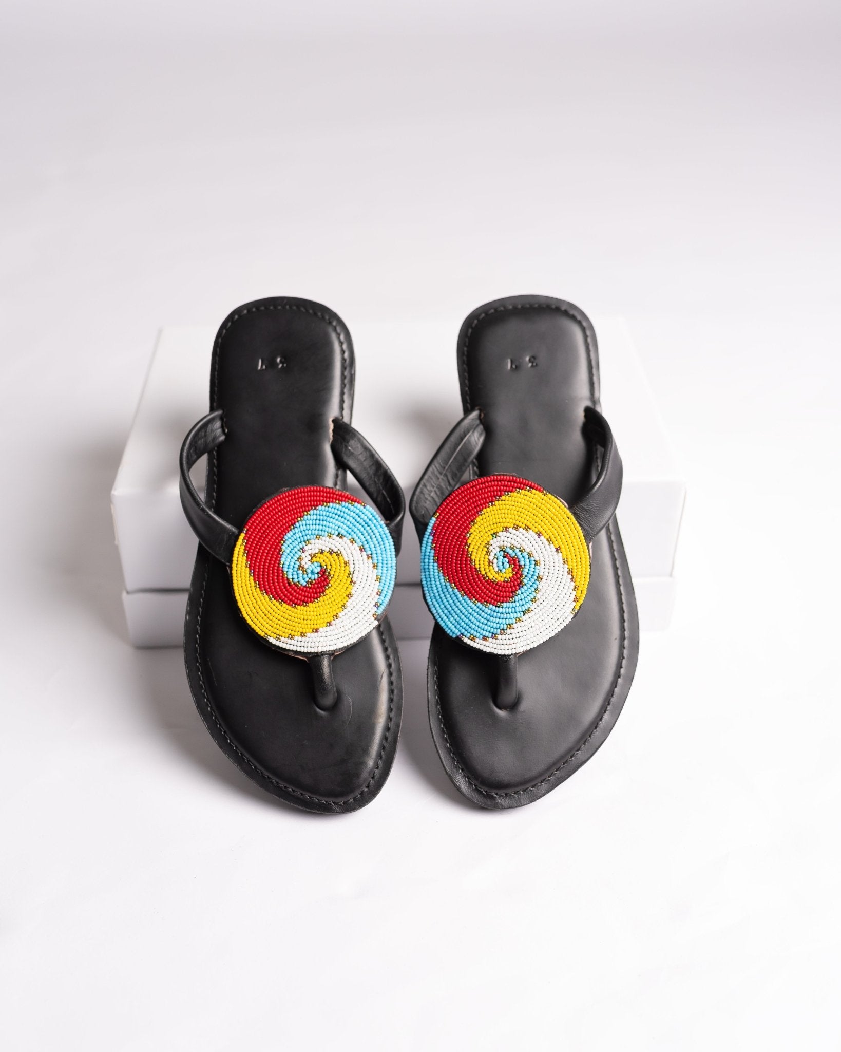 Hand-beaded Kenyan leather comfy slippers with Maasai beadwork, Ref 3061 — handcrafted in Kenya