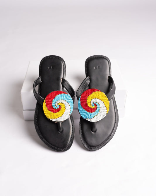 Hand-beaded Kenyan leather comfy slippers with Maasai beadwork, Ref 3061 — handcrafted in Kenya