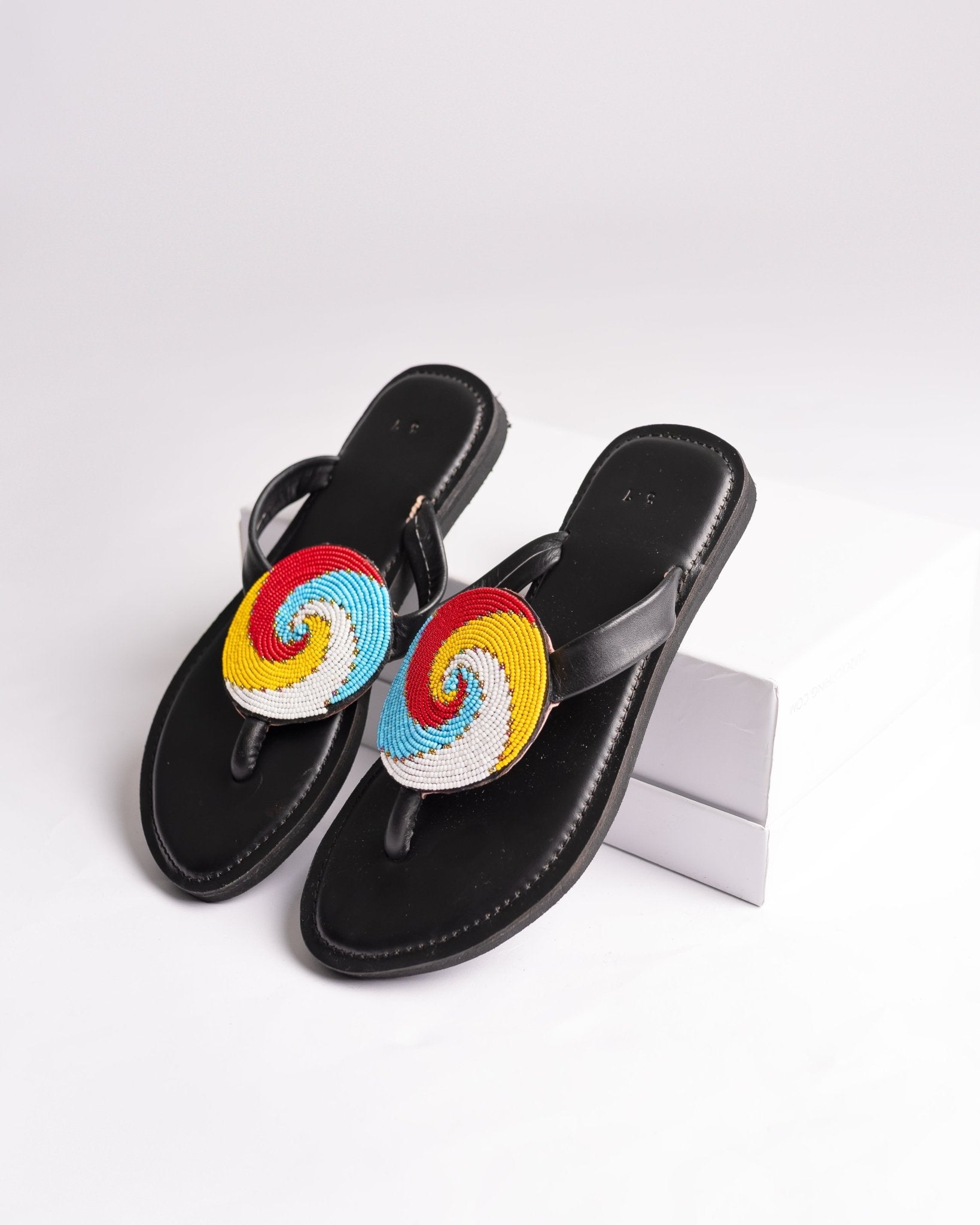 Hand-beaded Kenyan leather comfy slippers with Maasai beadwork, Ref 3061 — handcrafted in Kenya