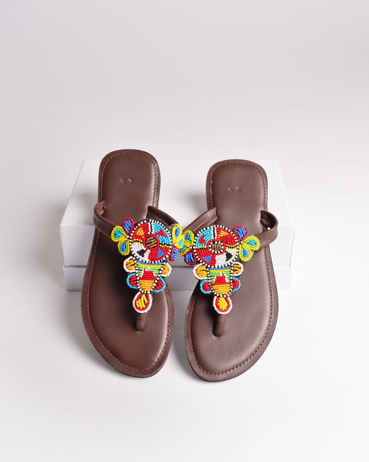 Hand-beaded Kenyan leather comfy slippers with Maasai beadwork, Ref 3212 — handcrafted in Kenya