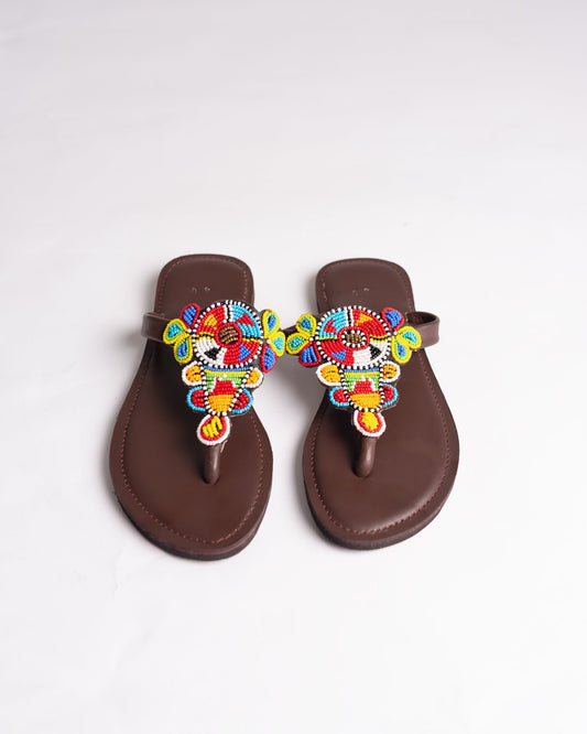 Hand-beaded Kenyan leather comfy slippers with Maasai beadwork, Ref 3212 — handcrafted in Kenya