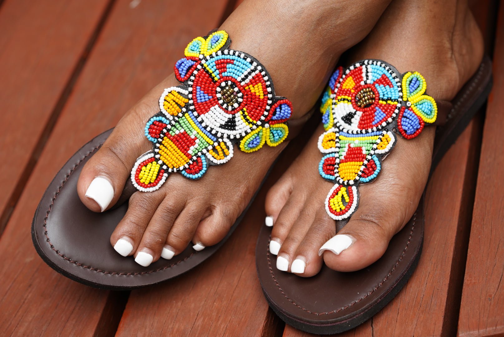 Hand-beaded Kenyan leather comfy slippers with Maasai beadwork, Ref 3212 — handcrafted in Kenya