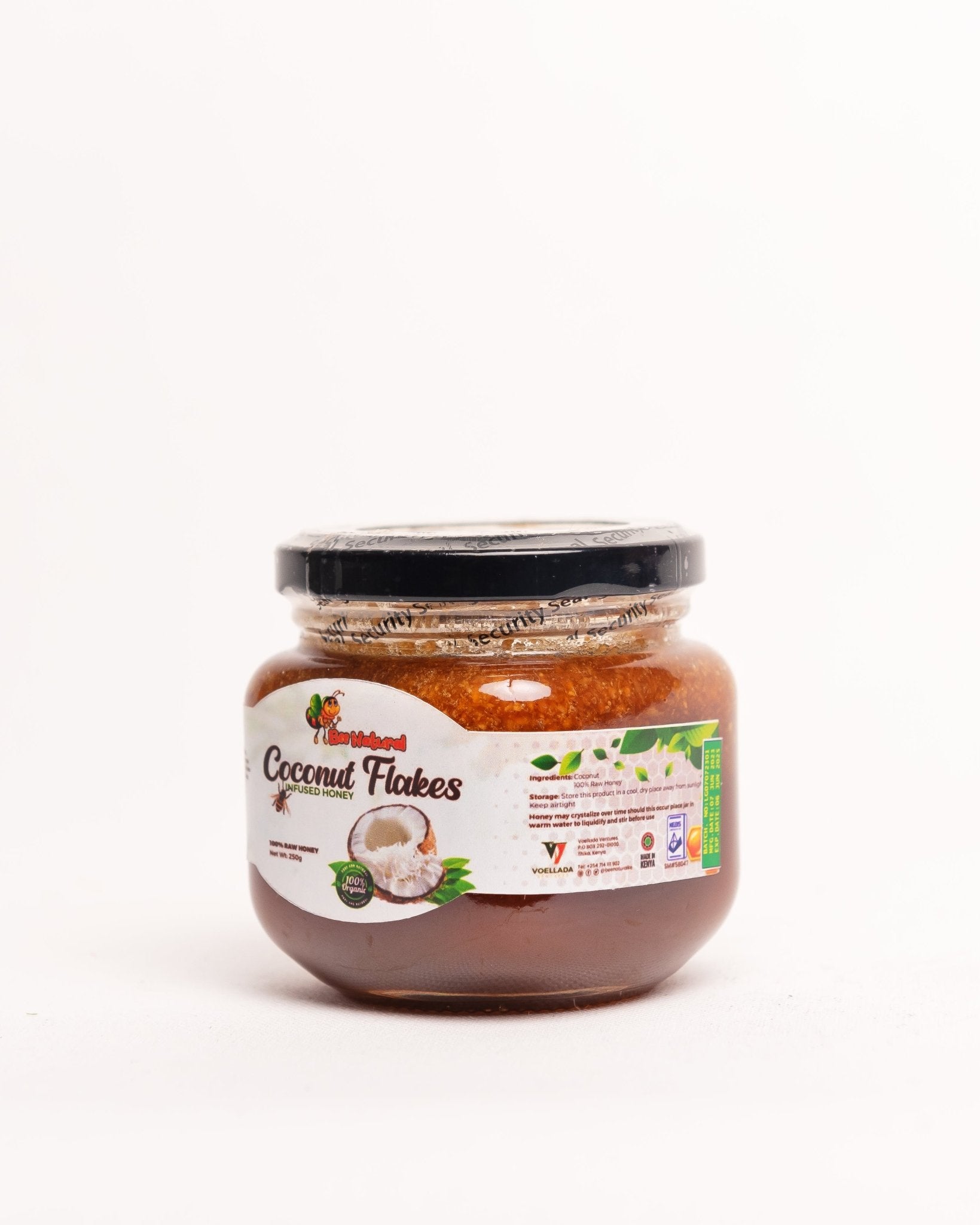 Bee Natural coconut flakes infused raw honey from Kenya — natural unprocessed artisan honey