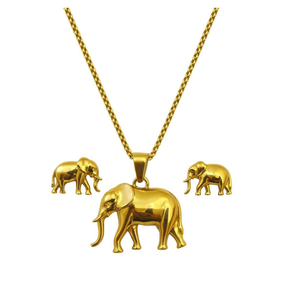Big 5 gold-plated elephant pendant necklace on a gold chain with a matching pair of elephant stud earrings, on a plain white background.